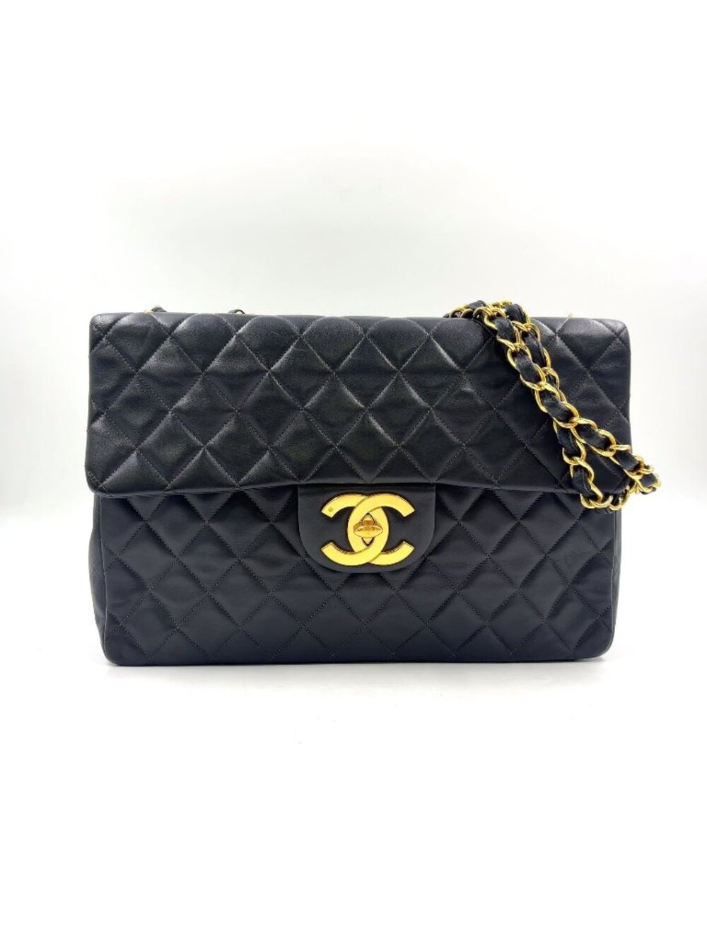 Chanel Maxi Quilted 34 Lambskin Black Chain Shoulder Bag Gold